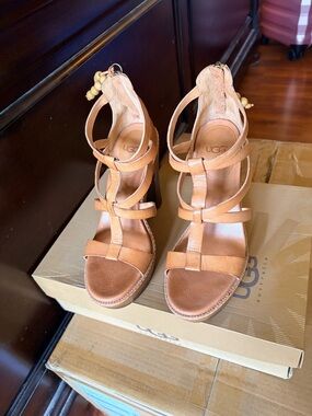 UGG Women's Cognac Leather Strappy High Heel Sandals